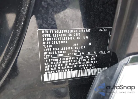 2017 Volkswagen Tiguan 2.0T Sport z USA, uszkodzony, nr VIN WVGTV7AX3HW508714